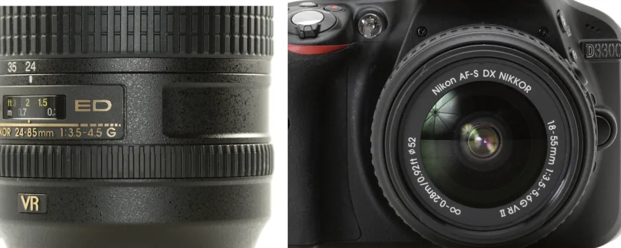 Partes y siglas de un objetivo fotográfico: AF-S, DX, distancia focal, escala F